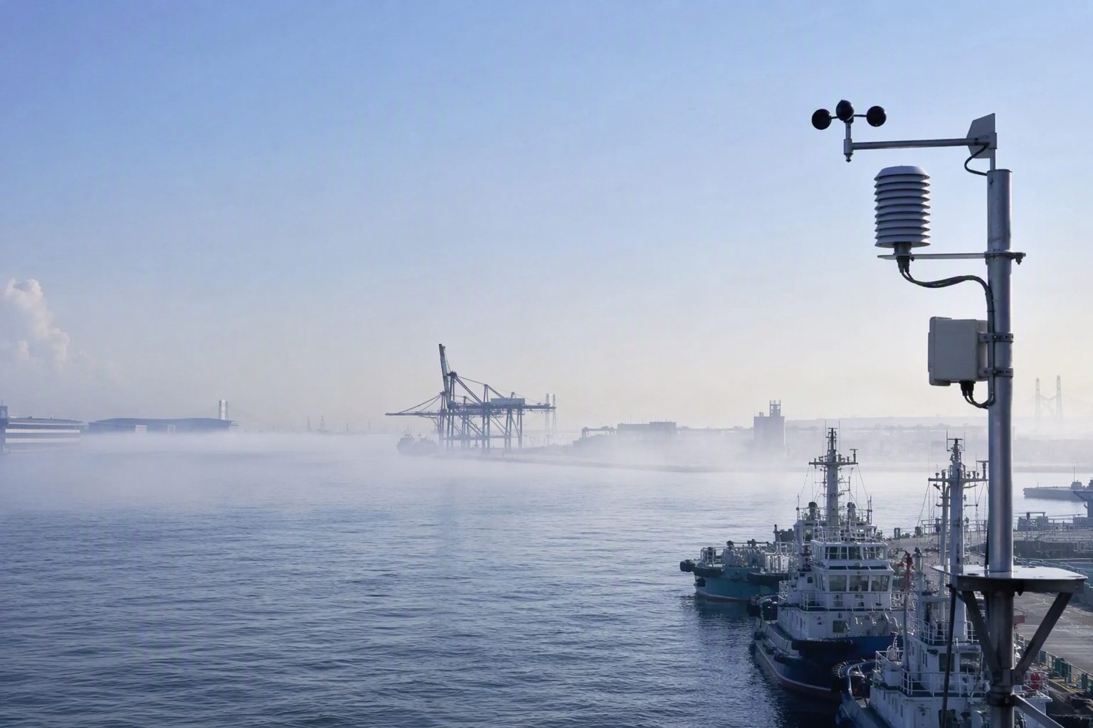 Yokohama harbor waterfront with morning sea haze drifting over calm water