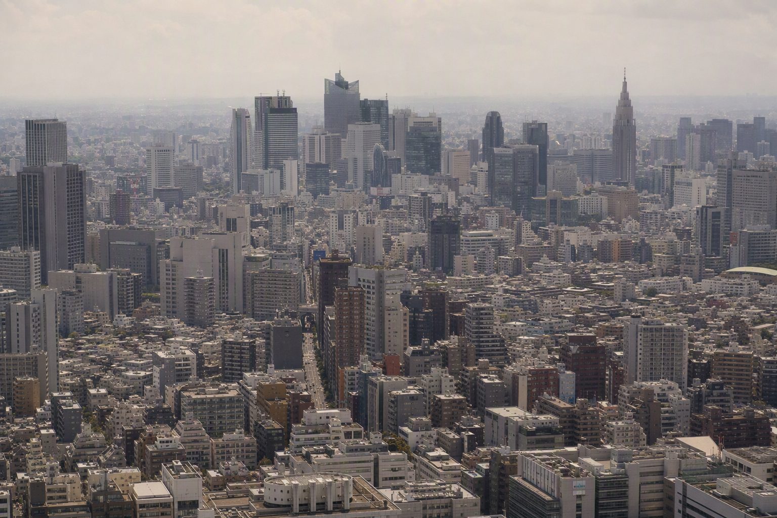 Central Tokyo skyline in August heat shimmer, seen from a high observation deck